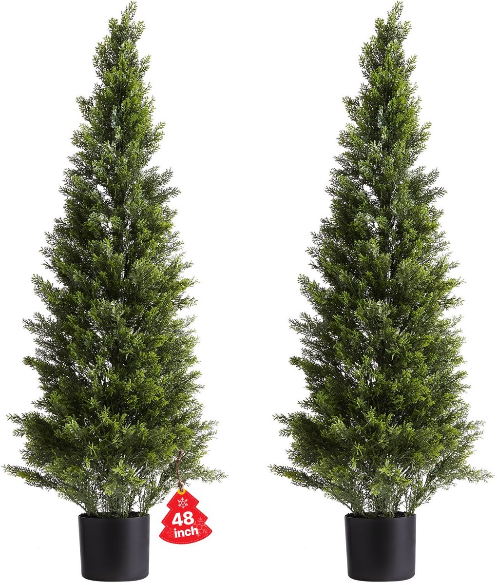 Kunst Cederbomen - Topiary Vormboom - Set van 2 - Hoogte 122 cm - Voor Binnen & Buiten - Eenvoudige Montage - Geschikt voor Veranda, Tuin en Balkon - Groen
