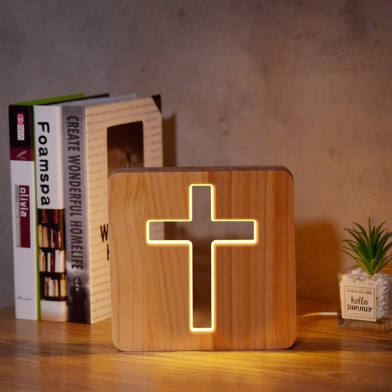 Kruisvormige houten hoofdeinde lamp - jesus cross stereo-led-optische nachtlamp - gepersonaliseerde decoratie van de kamer — afbeelding 4