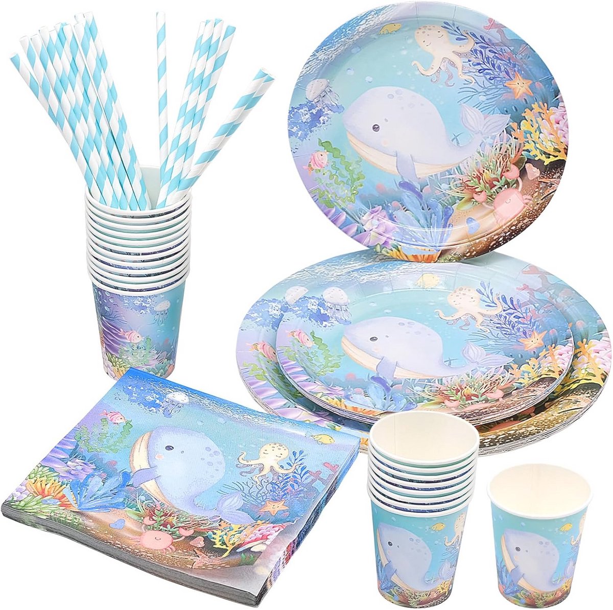 Blauwe Walvis Feestservies set - 80 stuks papieren servies voor Babyshower en Bruiloft