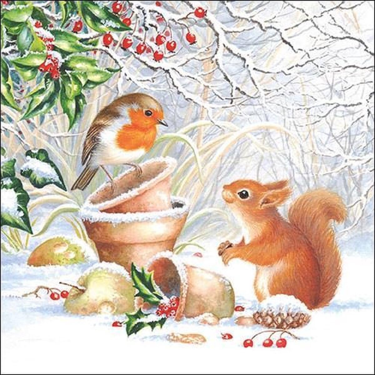 Kerstservet 33cm met Eekhoorn en Robin - Winter Themed Serviettes