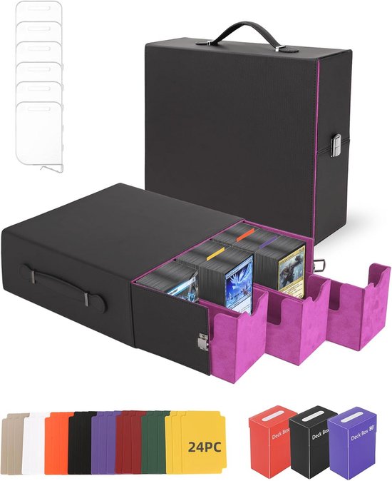 Kaartenopbergbox voor Verzamelkaarten - Opbergbox voor 2400 Kaarten met Handvat, 3 PP-Dozen, 24 Kleurscheiders & 6 Kaartscheiders, PU Kunstleer ( Zwart & Blauw Kaartenopbergbox voor Verzamelkaarten - Opbergbox voor 2400 Kaarten met Handvat, 3 PP-Dozen, 24 Kleurscheiders & 6 Kaartscheiders, PU Kunstleer ( Zwart & Blauw