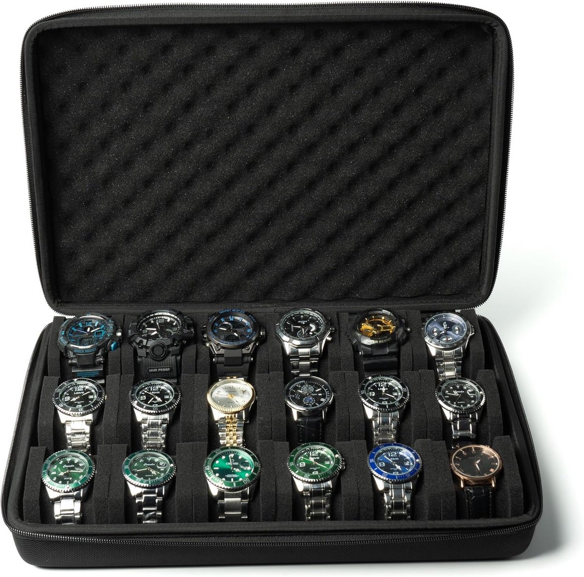 Reis- en opbergkoffer voor horloges met 18 vakken