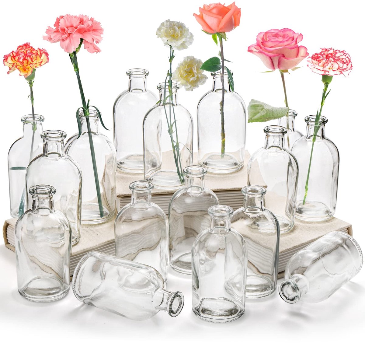 Imperatoris Glazen Vazen / Glazen Flessen – Mini Decoratieve Vaas Flesjes – Helder Glas – Inclusief Strik – 16 Stuks – 6.1 x 6.1 x 23 cm – Transparant