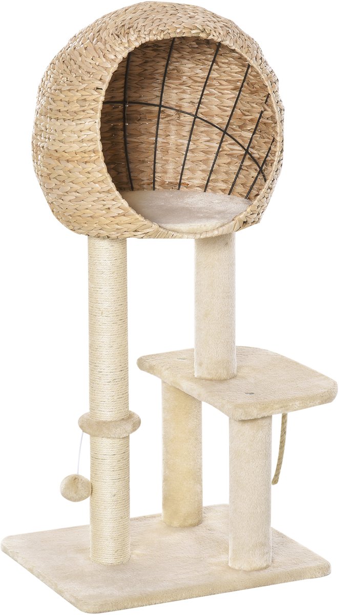 MODFU Krabpaal 100 cm van sisal en pluche, met kattenhuis 40x40x38 cm, MDF constructie en speelbal, beige