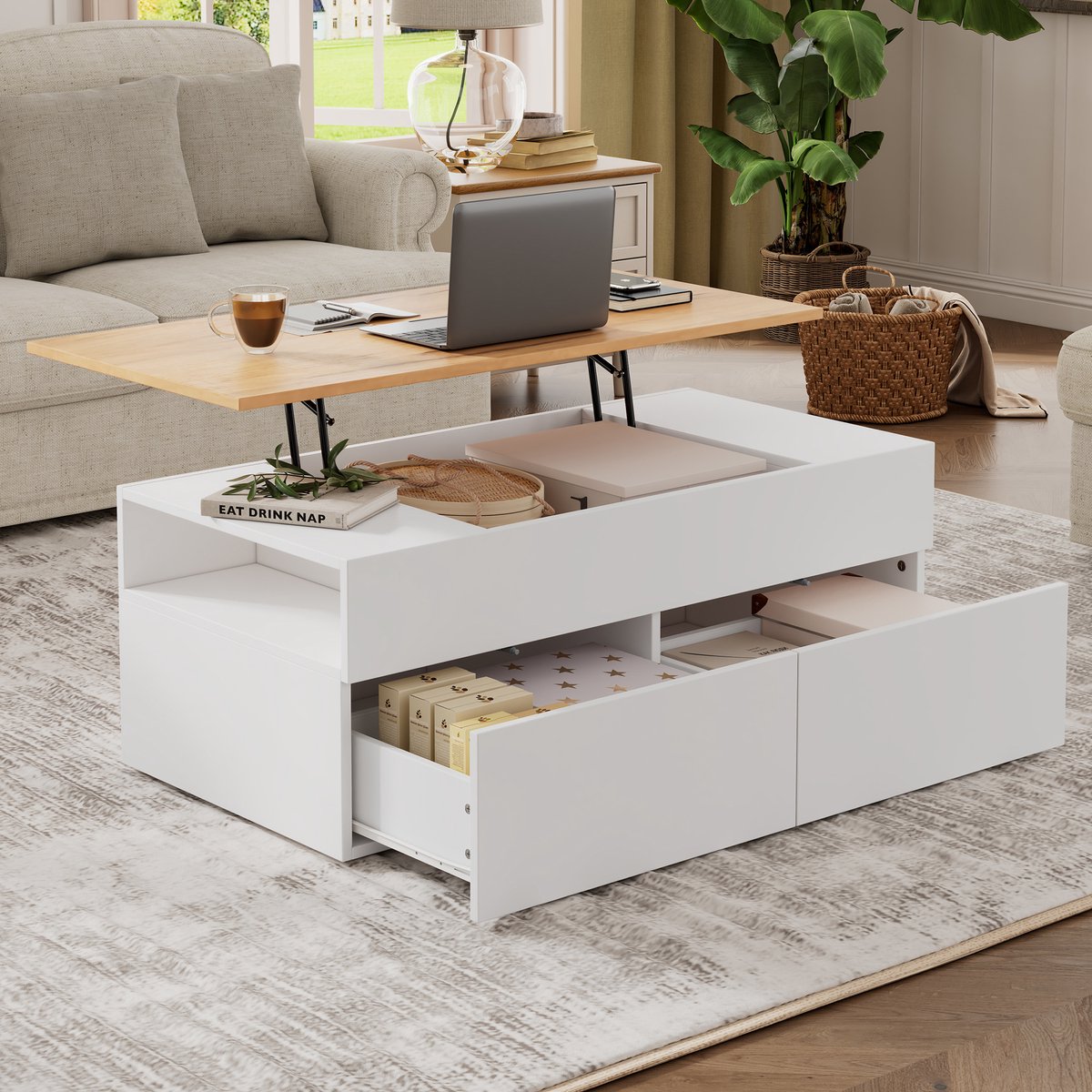 FLIEKS 100x50x40 cm verstelbare koffietafel met opbergruimte - woonkamer salontafel met 2 lades - halfopen bijzettafel - wit houtnerf