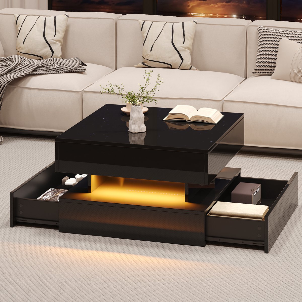 Merax 65x65x38,5cm verstelbare salontafel - bijzettafel met LED-verlichting - sofa tafel met lade - koffietafel met opbergruimte - zwart