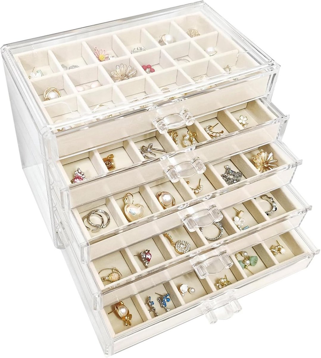 Luxe Acryl Sieradendoos met 5 Niveaus en Fluweel Voering - Organiser voor Ringen, Oorbellen en Kettingen