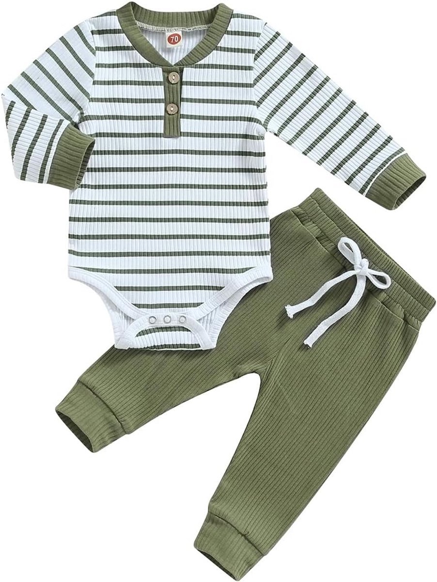 Baby Jongen Romper en Broek Set Lange Mouw Gestreept Herfst Winter Kleding 0-18 Maanden