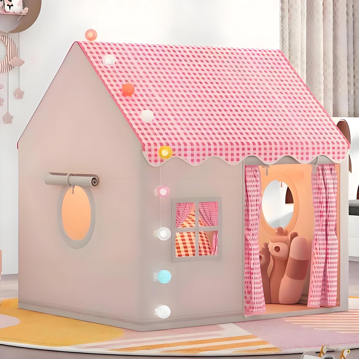 Speeltent voor Binnen - Kinderspeelhuisje voor Binnen - Bedtent, Prinsessentent met Ramen - Kinderspeelhuisje, Gezellige Hoekdecoratie voor de Kinderkamer (Roze)