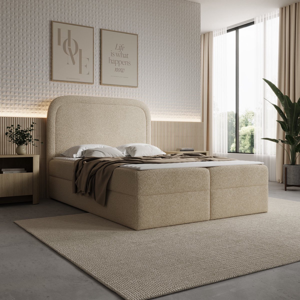 Meubella - Bastide - Boxspring - Teddystof beige - 140x200 cm