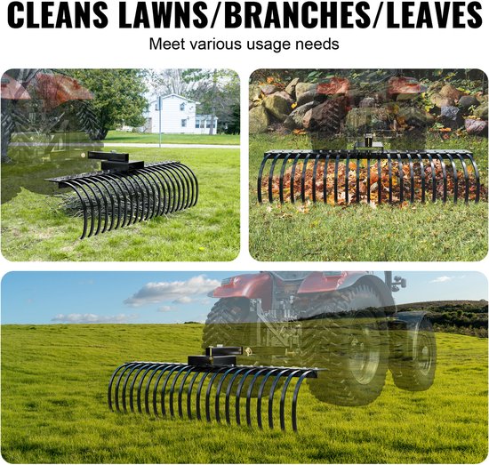 60“ landschapsrechen om achteraan te trekken, 21 stalen spiraaltanden, verzamelt bladeren, dennennaalden en gras, compatibel met 48” of 60" gereedschapsbalken van Merkloos	 — afbeelding 4