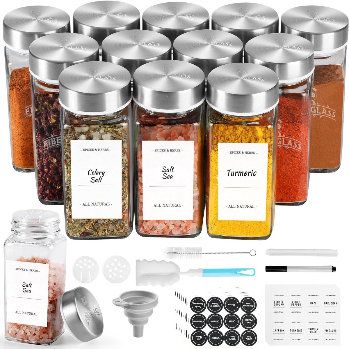 Vierkante Glazen Kruidenglasjes Set - 12 x 120 ml met RVS Deksel en Labels