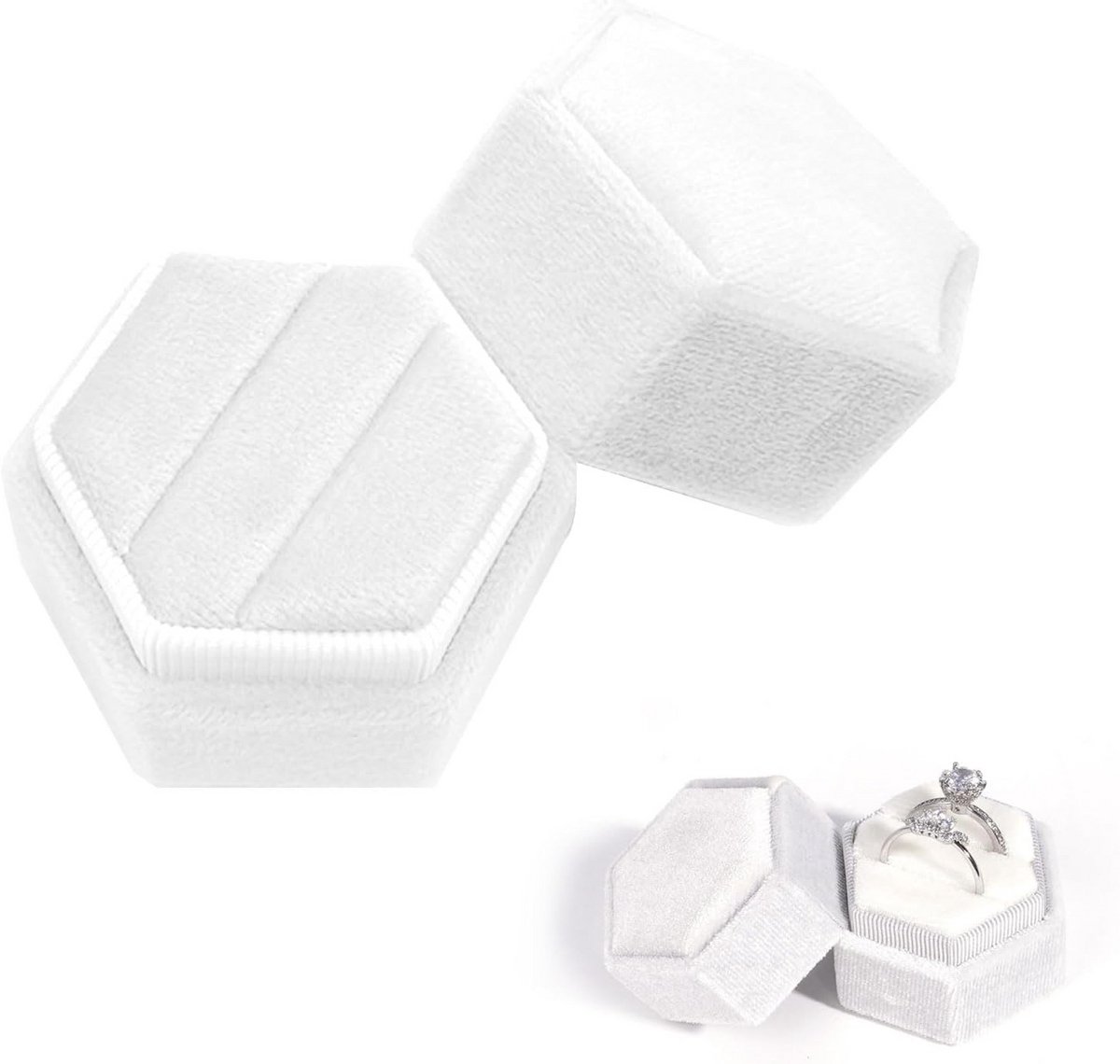 Zeshoekige Velours Ringendoos met Dubbele Sleuven voor Bruiloft en Verloving
