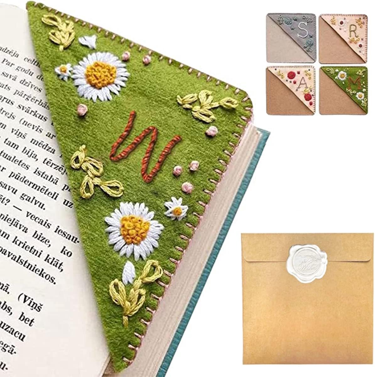 Handgeborduurde Hoek Bladwijzer met Bloem, Gemaakt van Vilt, Ideaal voor Boekenlezers Kado