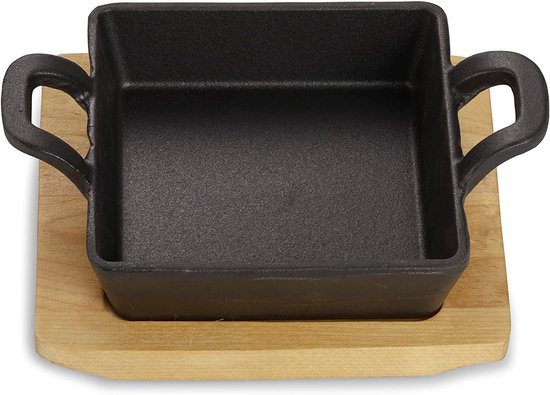 ECHTWERK Serveerpan van gietijzer, vierkante ovenschaal met serveerplank, grillstrepen, al ingebrand, geschikt voor oven, barbecue, barbecue en inductie, ideaal voor het serveren, 2-delig