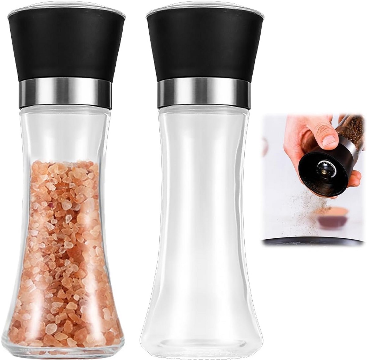 Set van 2 Zout- en Pepermolens 190ml - Verstelbare Keramische Molens van Glas en Roestvrij Staal - Geschikt voor Peper, Zout, Chili en Andere Kruiden