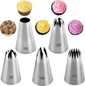 6 stuks spuitmondjes - spuitmondset - Herbruikbaar - professionele spuitmondjes - RVS Spuitmondje - Taartdecoratie - bakset - voor spuitzak, room versieren, cupcakes, taarten, glazuur, biscuits, muffins - voor Beginners & Professionals