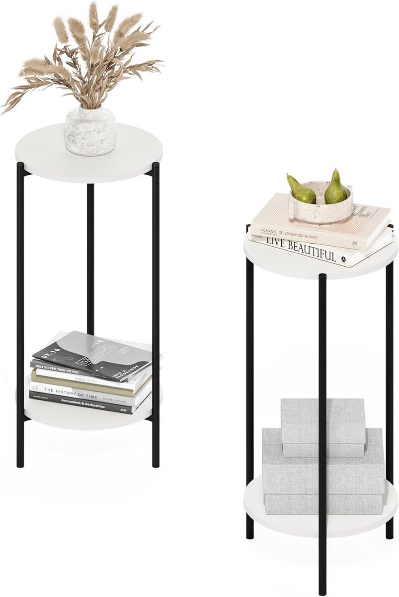 Set van 2 Moderne Ronde Bijzettafels met Metalen Poten - Wit/Zwart