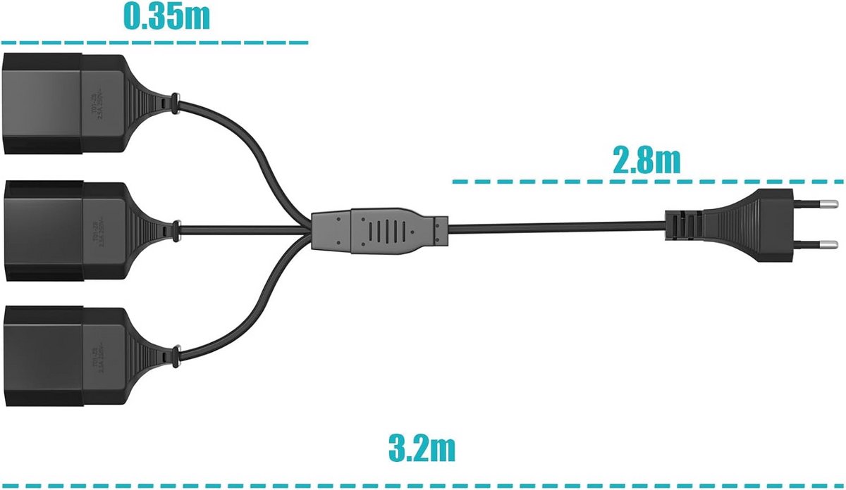 3-in-1 Verlengkabel Zwart - 3 Meter Netsnoer met 3x Euro CEE 7/16 Bus voor TV, PC en Monitor