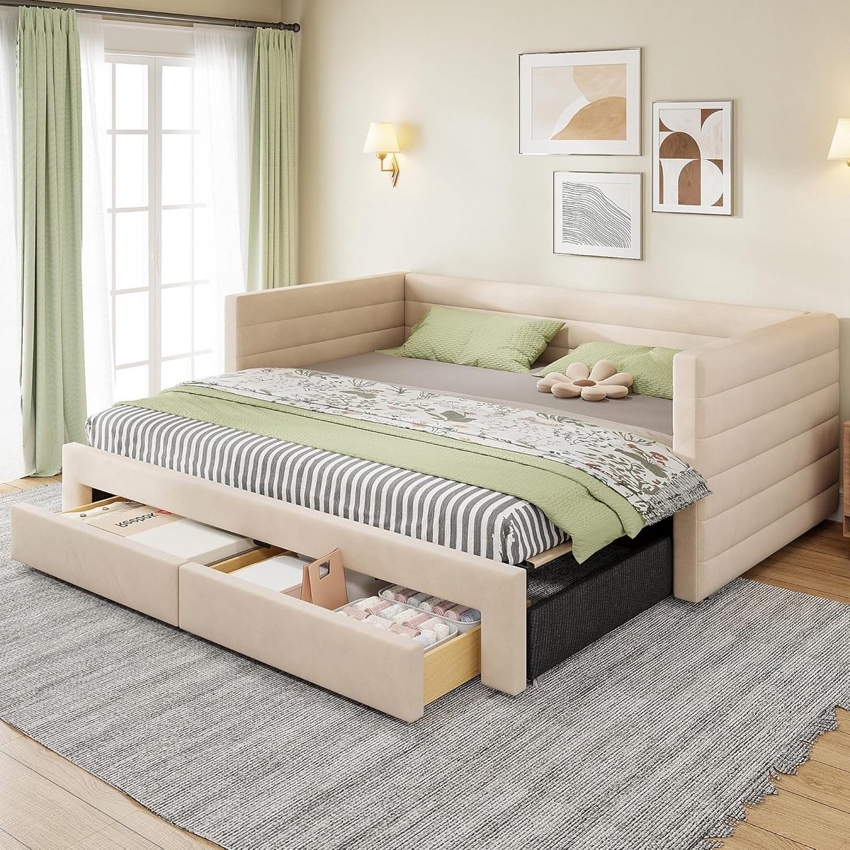 Multifunctioneel Slaapbank met Uitschuifbaar Bed en Lades - Beige