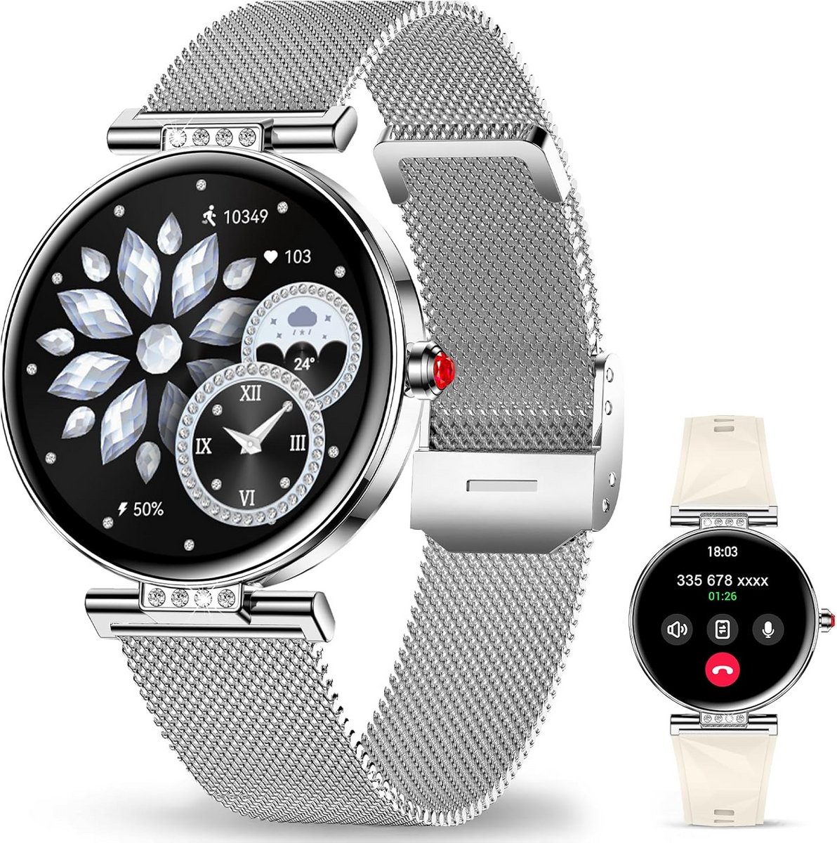 Slanke Smartwatch Dames met Metalen Band - Stappenteller, Hartslag & Slaapmonitoring - IP67 Waterdicht