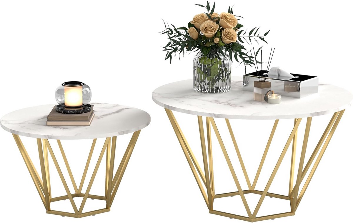 Set van 2 Ronde Salontafels Wit met Gouden Poten in Marmerlook