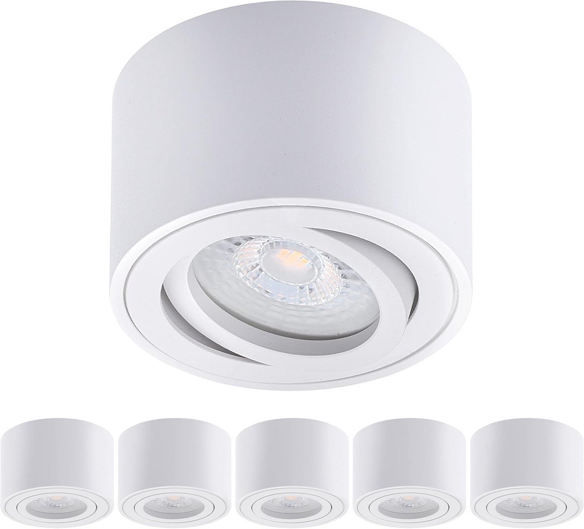 Set van 6 Opbouwspots Rond Wit Dimbaar LED Plafond- en Muurverlichting