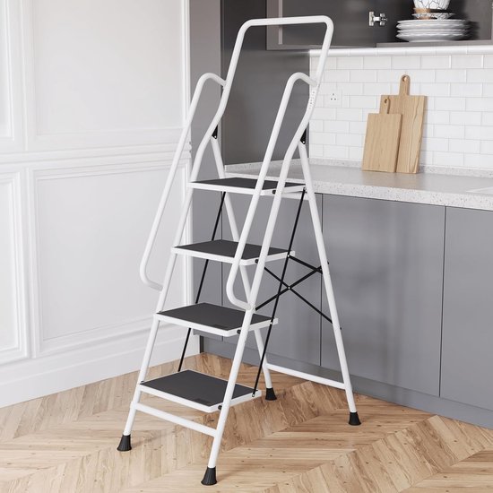 Opvouwbare Trapladder met 4 Treden en Veiligheidsleuningen - Anti-slip