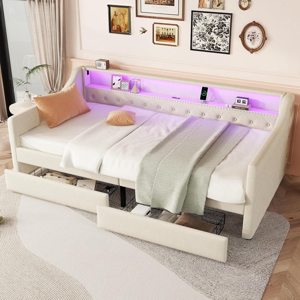 Daybed/Sofa Bed 90x200 cm met Lattenbodem, Opbergruimte en USB-Poort - Beige