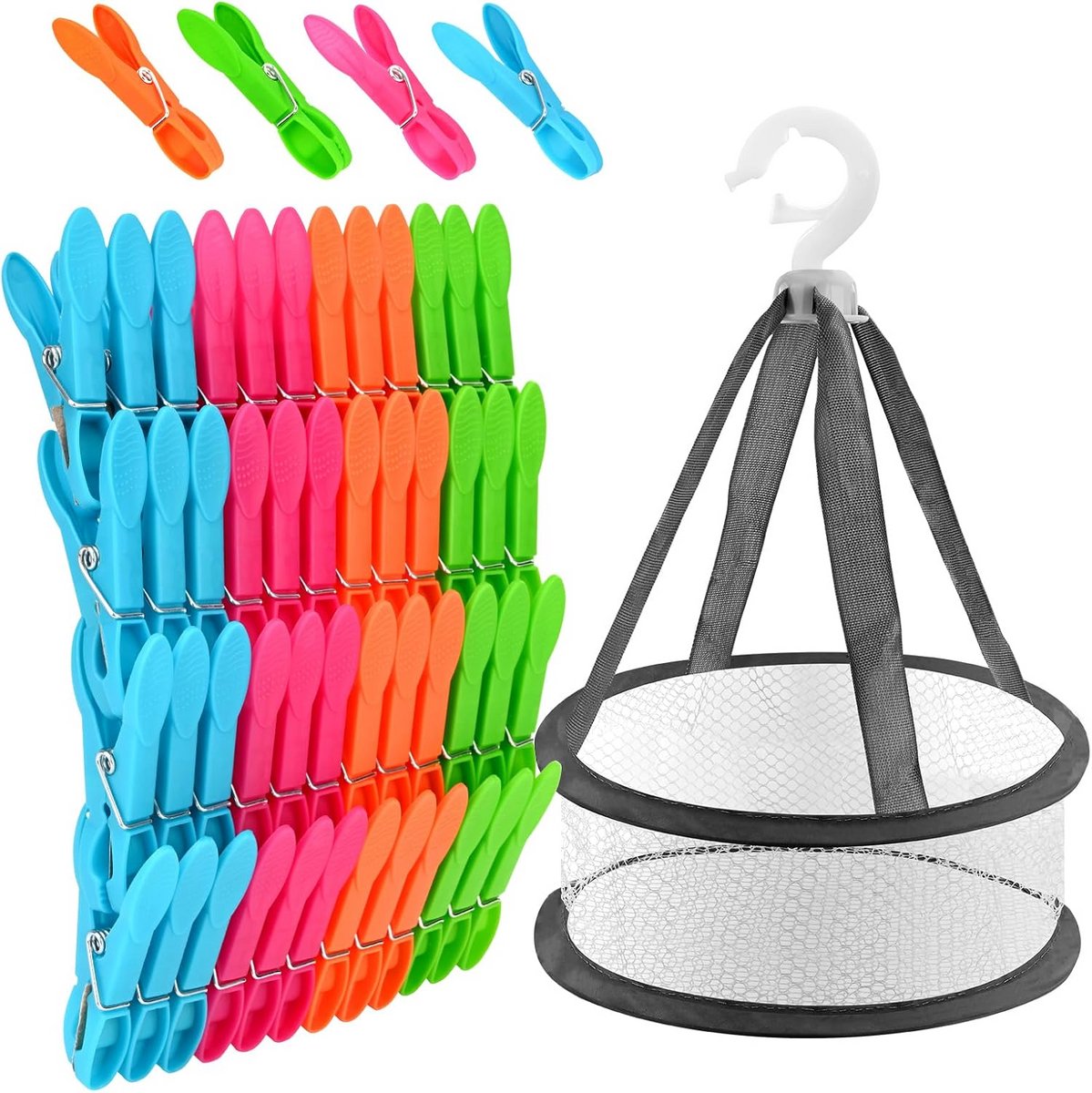 60 Kleerhangers met Mand - Winddichte Gekleurde Kledingknijpers voor Droogrek