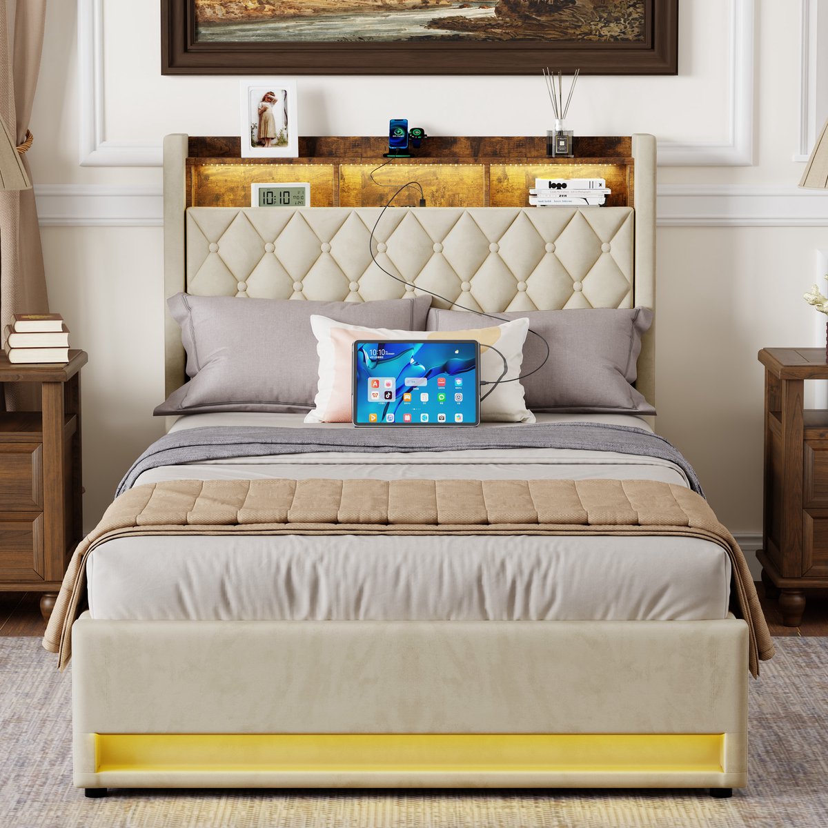 STILVORA Opbergbed 140×190 - Gestoffeerd Bed Met LED Verlichting En USB Aansluiting - Fluweel Beige