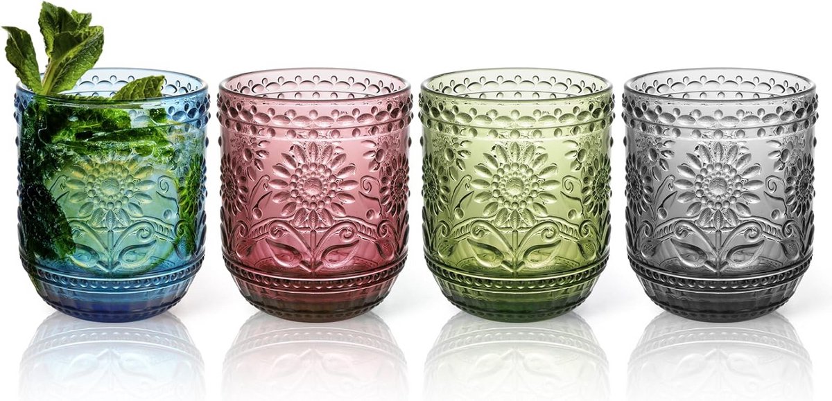 Set van 4 Kleurrijke Drinkglazen 360 ml - Cocktailglazen en Sapglazen - Stapelbaar en Vaatwasmachinebestendig