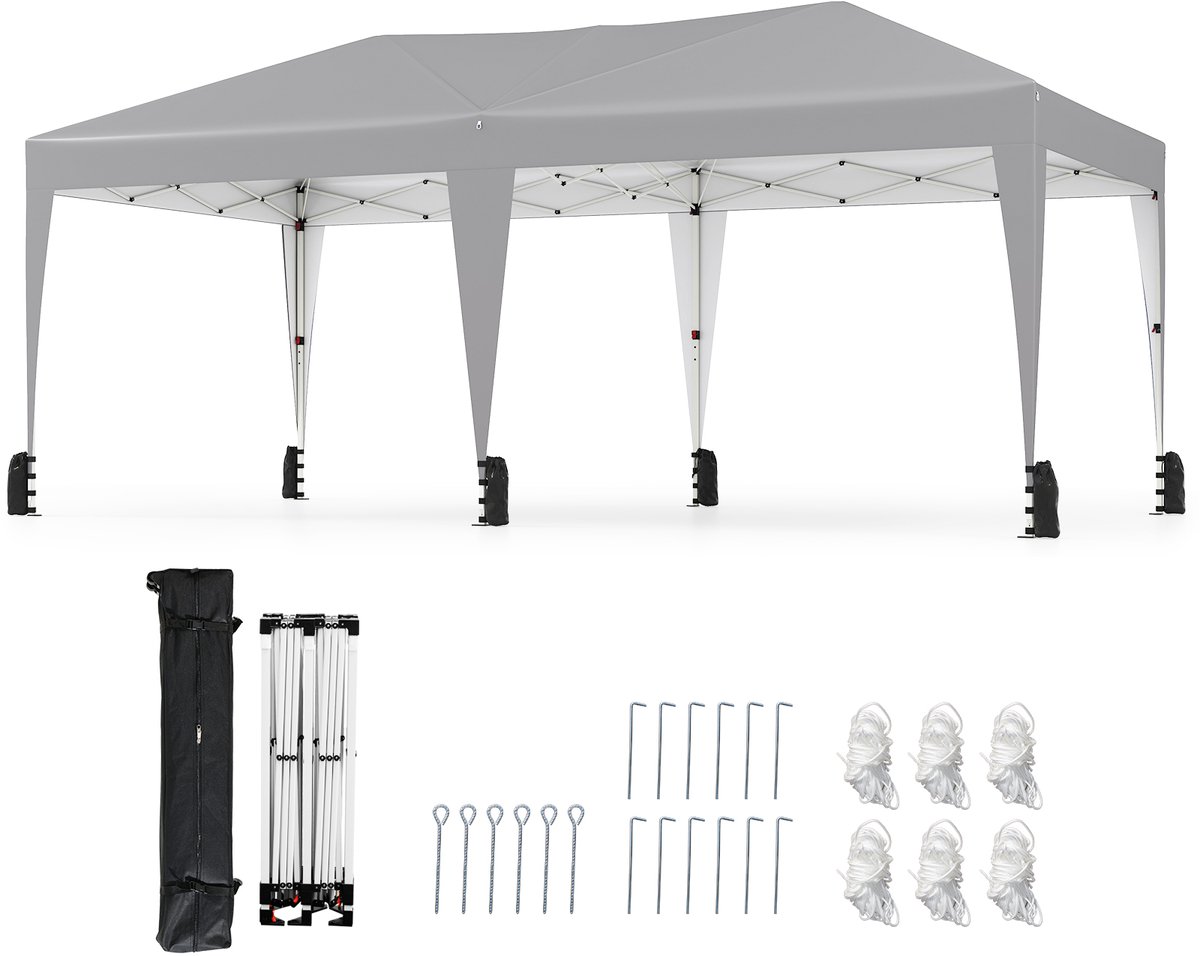 COSTWAY Paviljoen, 3 x 6 m, pop-up vouwpaviljoen, waterdicht, met draagtas op wielen, uv-bescherming 50+, partytent, inclusief 6 zandzakken, tuinpaviljoen, in hoogte verstelbaar, voor camping, feest