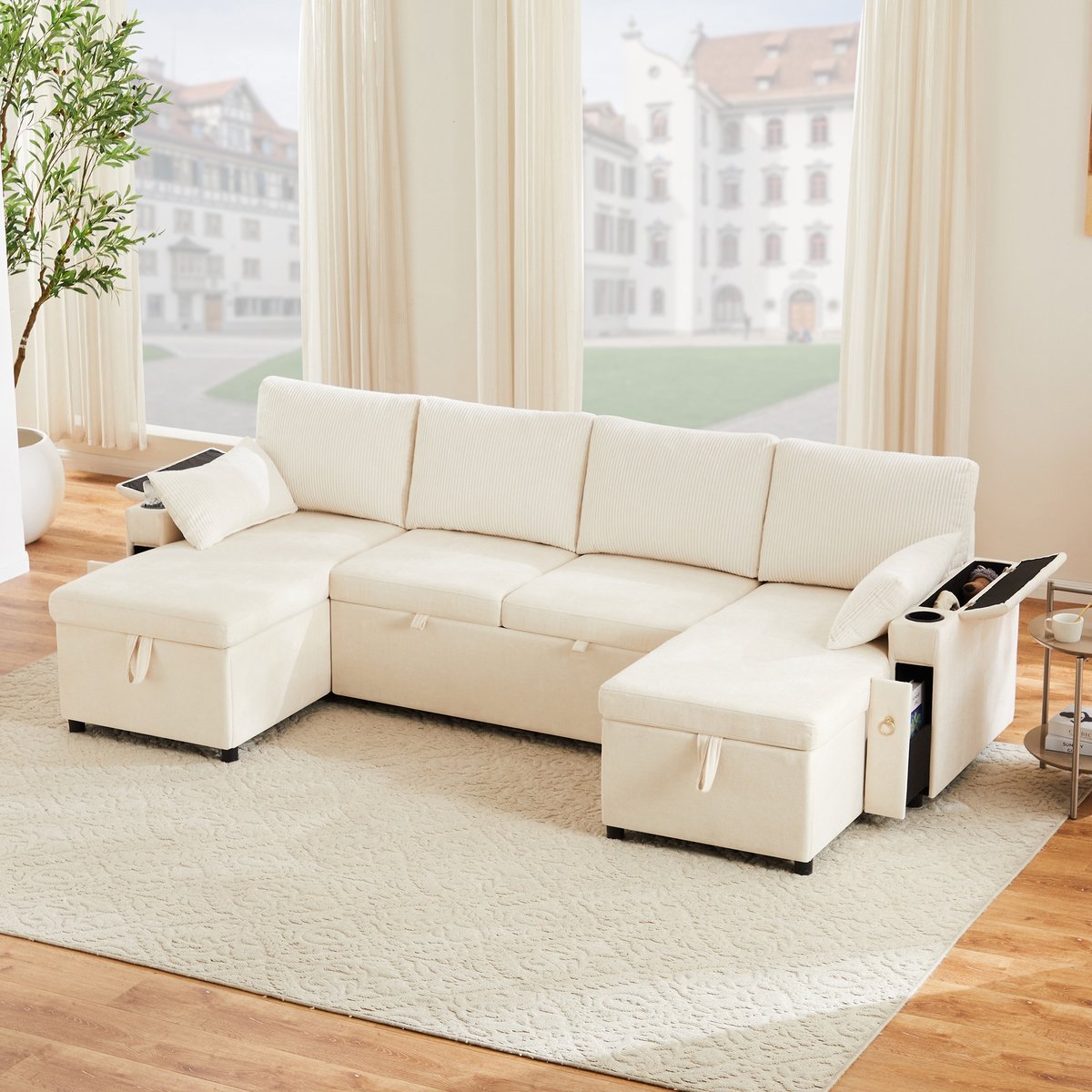 Sweiko 4-zitsbank - U-vormige hoekbank - Met bekerhouders - 2 kussens - Opbergruimte - Slaapfunctie - Beige