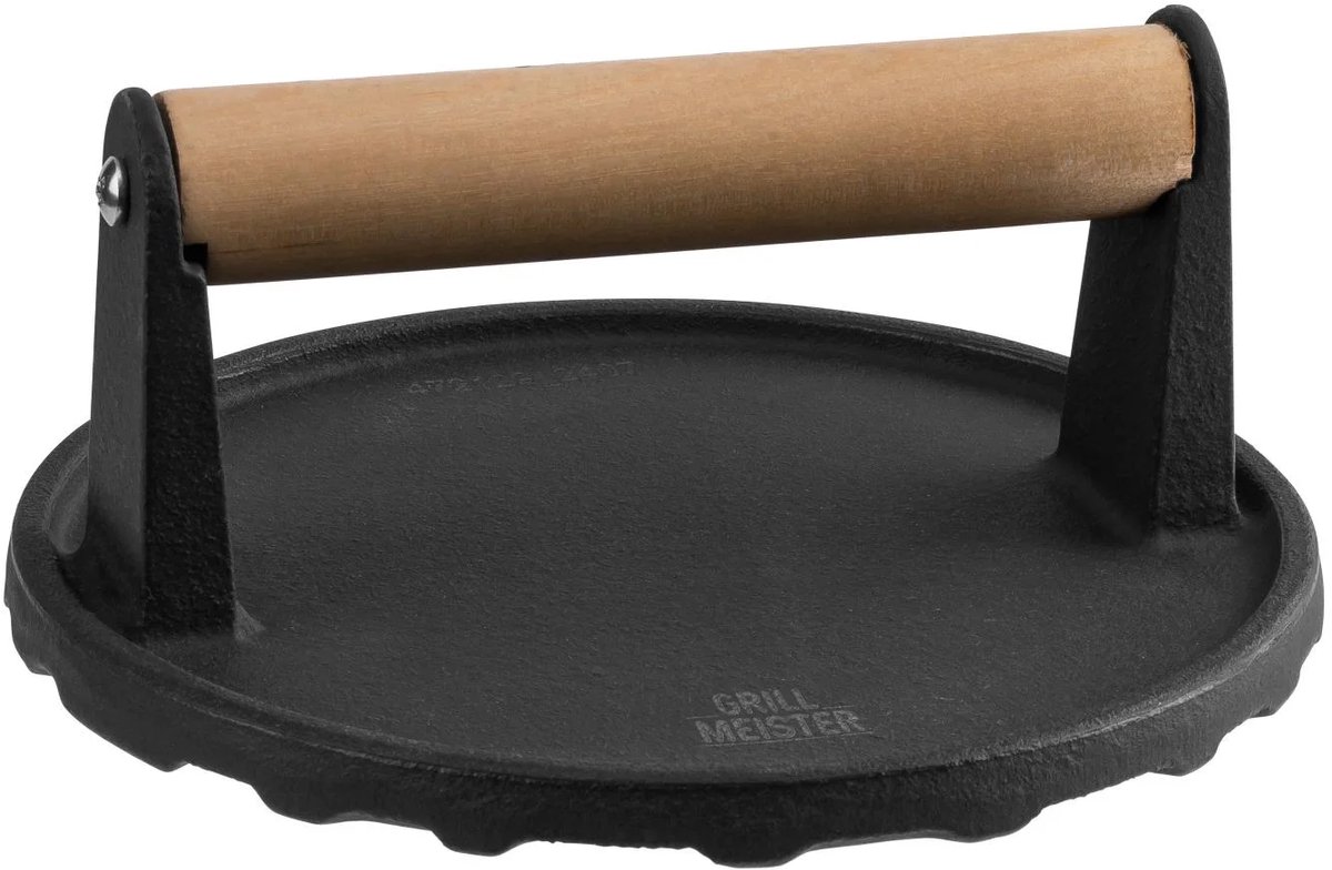 Grillmeister Gietijzeren Hamburgerpers - Duurzame burgerpers van geëmailleerd gietijzer met snelle en gelijkmatige warmteverdeling - (Ø x H): ca. 17,8 x 7,5 cm - Burgerpers geschikt voor gas- of houtskoolgrills en grillen boven open vuur