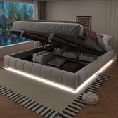HAUSS SPOLE Gestoffeerd Bed 180x200 cm - Hydraulische Opbergruimte - Met LED Wit Licht - Voor Kleine Kamers - Flanelstof - Beige - Zonder matras
