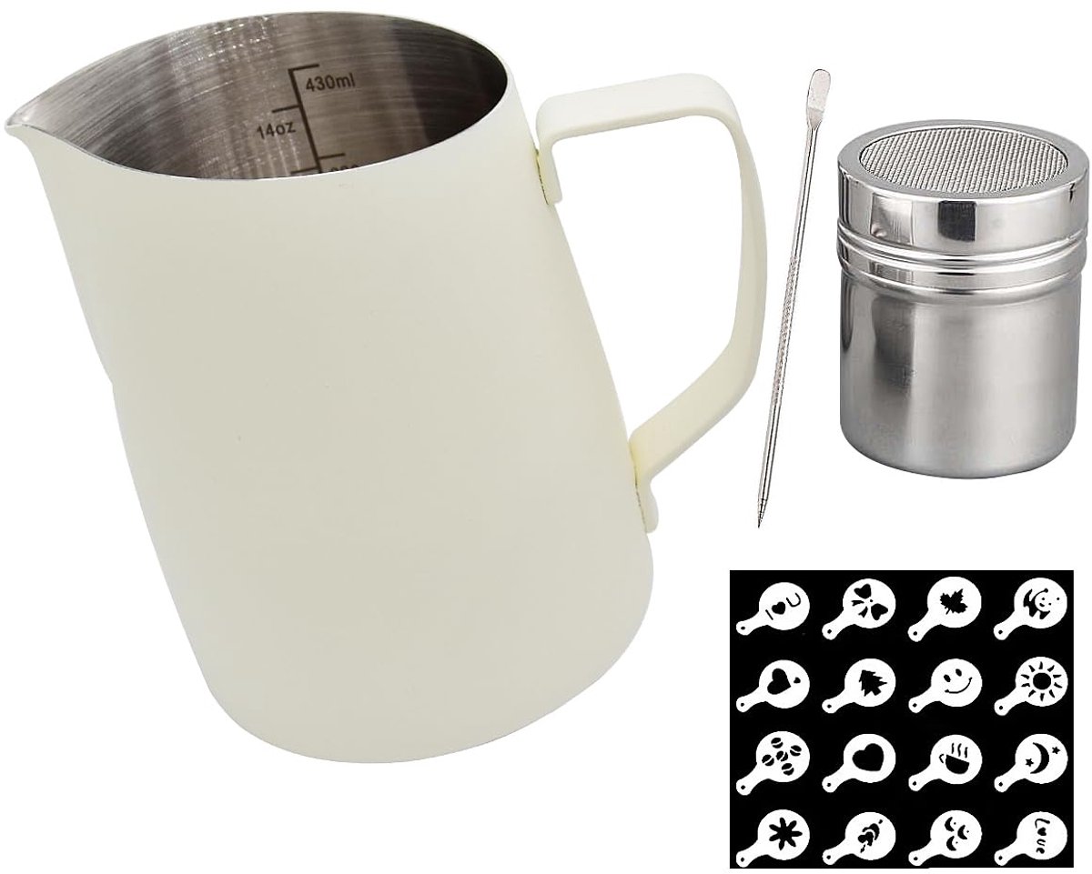 Unyqoos® Complete set voor koffiecreaties met melkopschuimer en decoratietools, 450 ml, Roestvrij staal, Wit