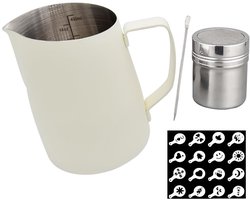 Unyqoos® Complete set voor koffiecreaties met melkopschuimer en decoratietools, 450 ml, Roestvrij staal, Wit