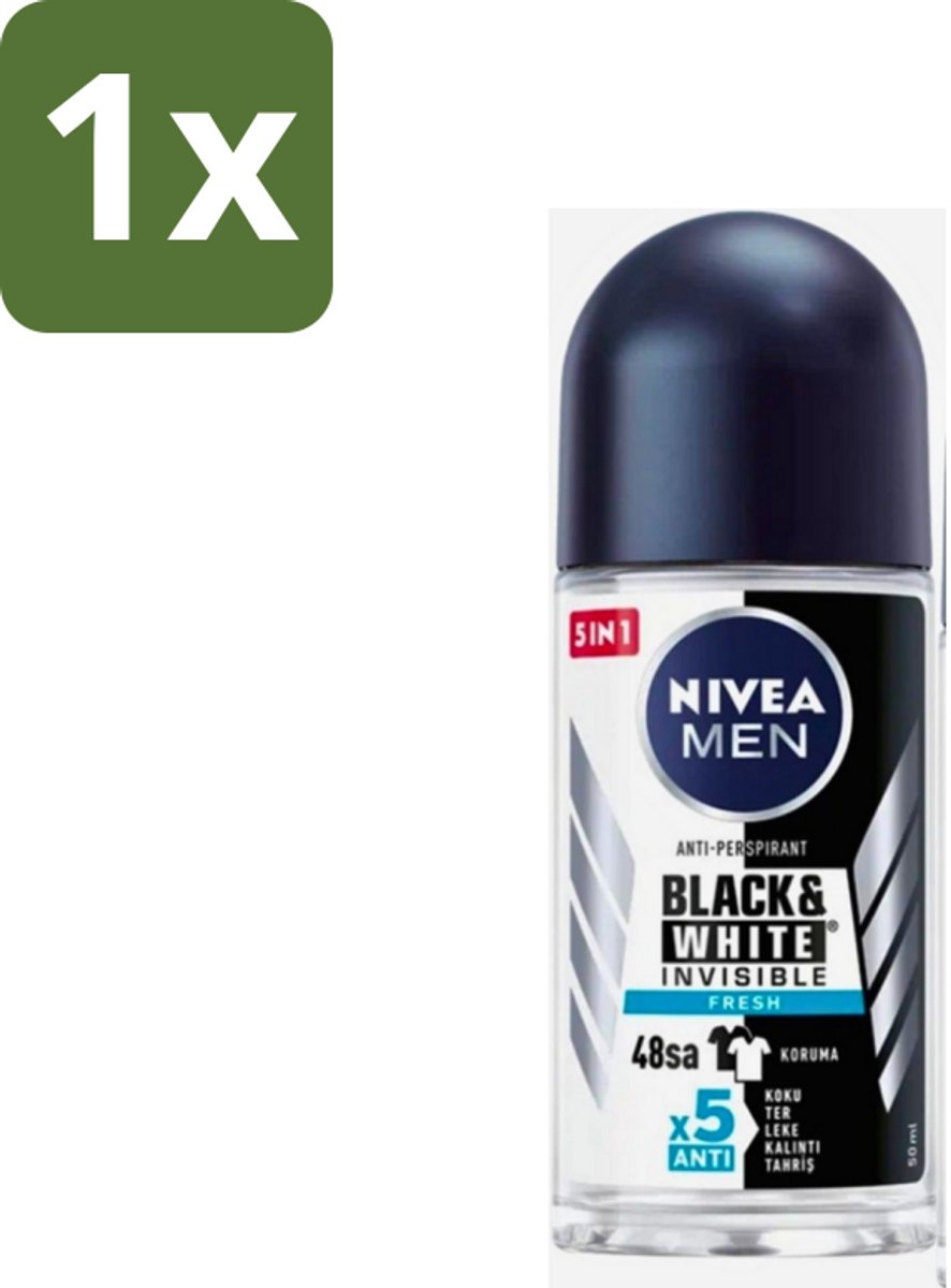 1 x Nivea - Men - Deodorant - Roller - Black & White Invisible Fresh - 50 ml - Deodorant Roller - Anti-vlekken - 48 Uur Bescherming - Zweet En Geur - Huidvriendelijk
