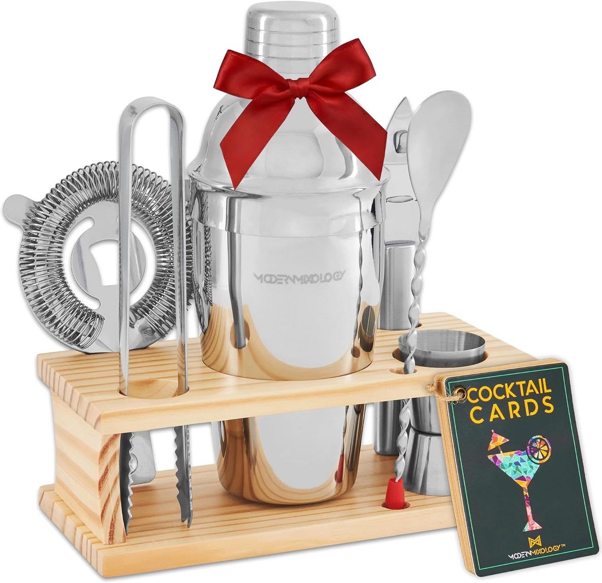 Professionele Cocktail Shaker Set met Houten Standaard - 8-Delige Bar Gereedschapskist