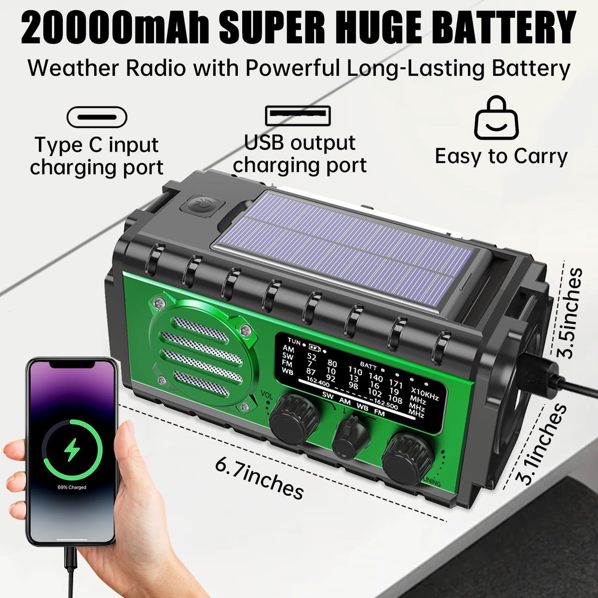 Noodradio met 20000mAh Powerbank - SW/NOAA/AM/FM weerradio, handbediende oplader met grote batterij, draagbaar, opladen van mobiele telefoon, SOS, zaklamp voor noodgevallen/thuis en outdoor – foto 4