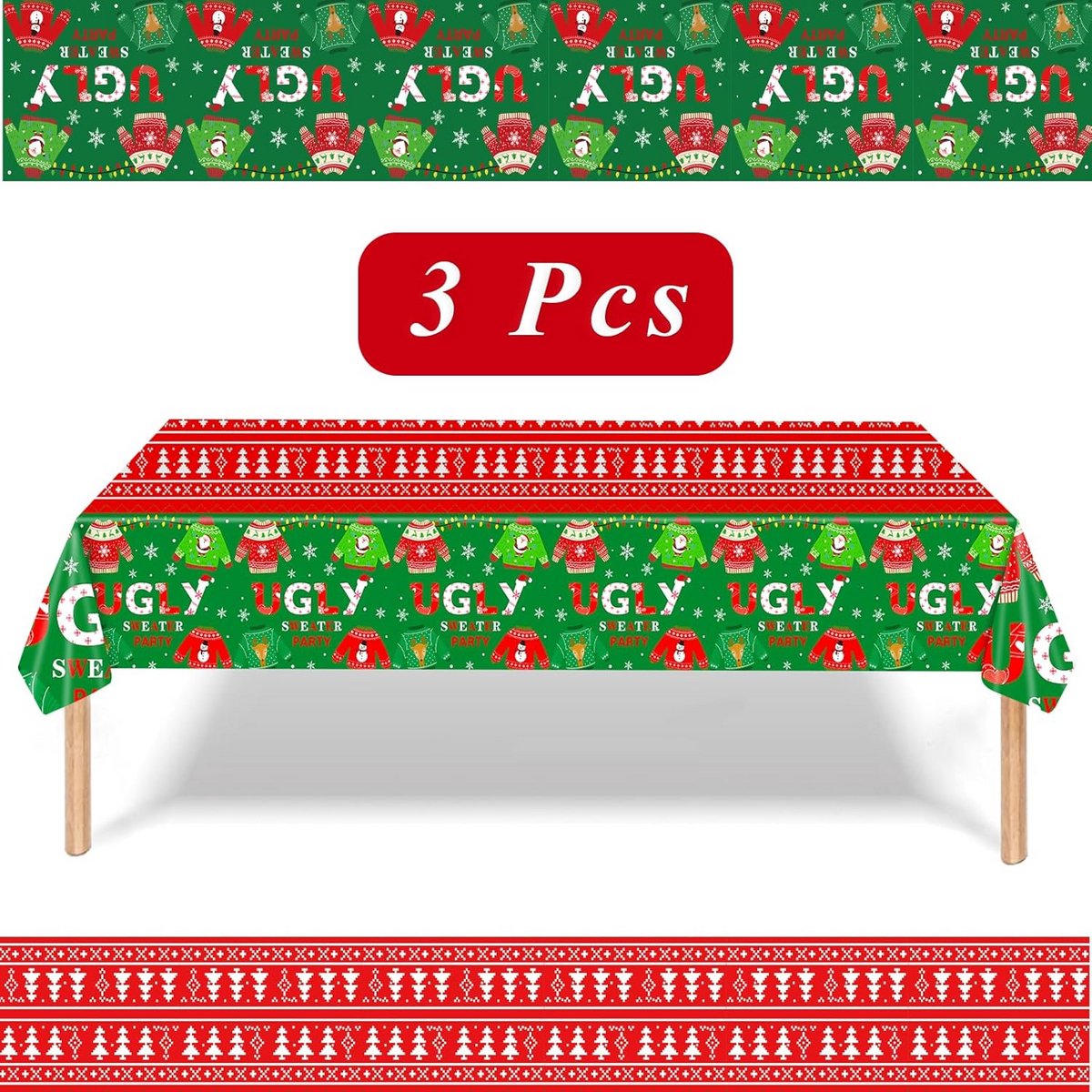 Set van 3 feestelijke kersttafelkleden 137 x 274 cm voor winterdecoratie