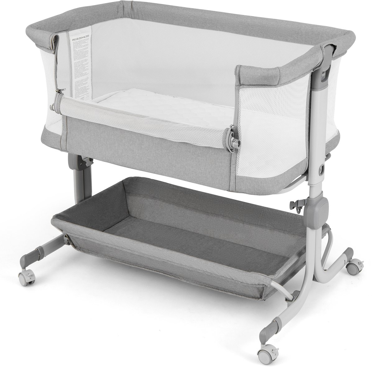 COSTWAY 3-in-1 bijzetbed, reisbed baby met matras, babybed 6-voudig in hoogte verstelbaar met opbergmand en draagtas, draagbare wieg met wielen voor baby's tot 6 maanden (grijs)