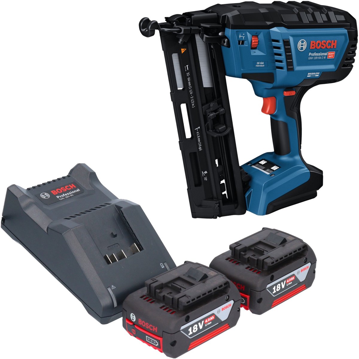 Bosch GNH 18V-64-2 M Professional accu-houtspijkermachine 18 V 1,6 x 32 - 64 mm + 2x accu 4,0 Ah + oplader
