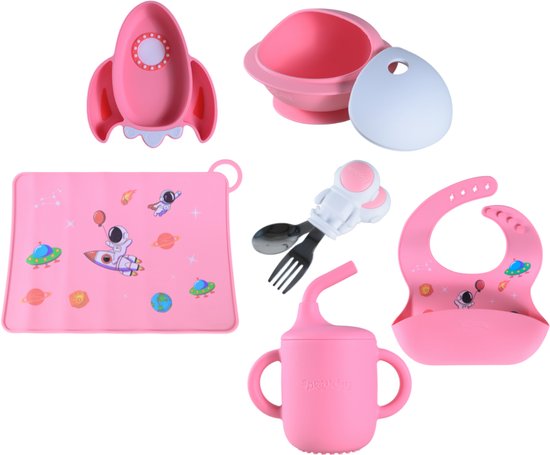 Service de table Sproudsy Espace - Vaisselle Vaisselle pour enfants - Cadeau de naissance - Bébé - 6 pièces - Quartz rose