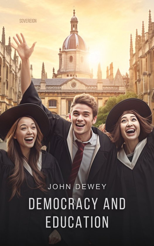 Jonge man met de armen omhoog, lachend, met twee jonge vrouwen aan weerszijden, allen in toga's en met afstudeerhoeden, met een universiteitsgebouw op de achtergrond.