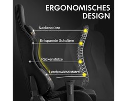 Gamingstoel Novihome ShadowMax – Luxe ergonomische bureaustoel met hoofdsteun, lendenkussen, 3D-armleuningen, verstelbare rugleuning 90-155°, uittrekbare voetensteun – Zwart, Medium (M)