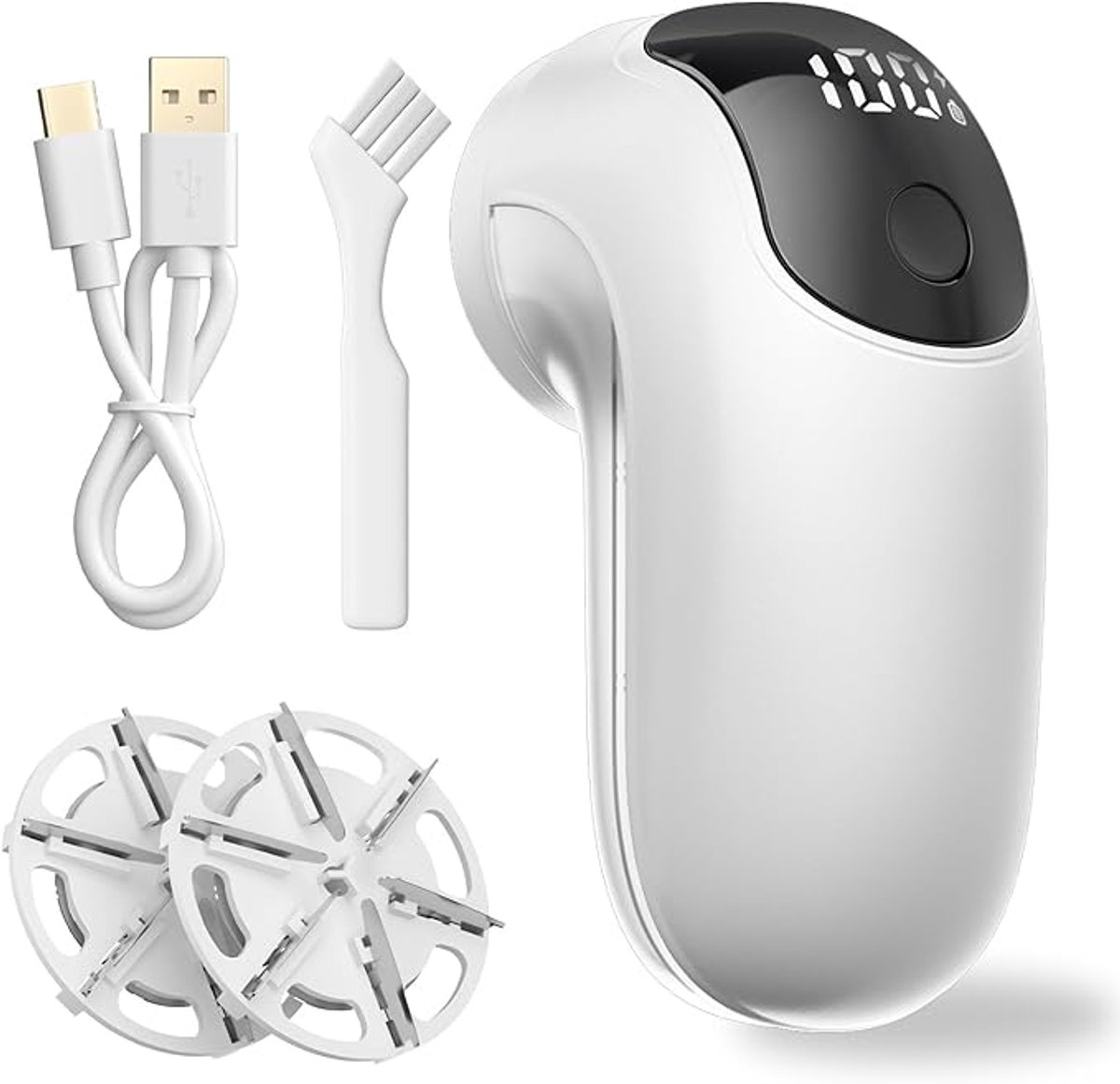 Elektrische Pluizenverwijderaar, Oplaadbare Pluisscheerapparaat voor Kleding, 6-Blads Mes, Verstelbare 3-Snelheden, LED-Display, USB Type-C Kabel, Wit