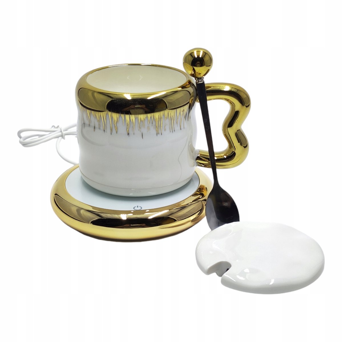 USB Mokkenwarmer met Keramische Mok, Lepel & Deksel - Wit/Goud