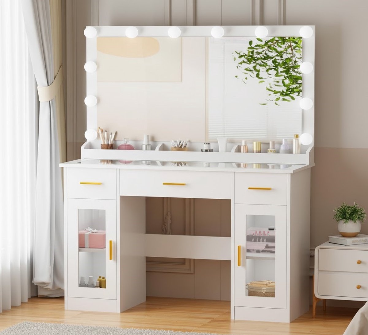 Elegante Make-up Kaptafel met Verstelbare LED Spiegel en Glazen Werkblad – 3 Laden & Grote Opbergruimte, Modern Design 110x40x140 cm – Novihome